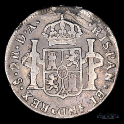 2 Reales 1780 D.A. Carlos III Acuñada en Santiago, Chile. Restos de Soldadura #YY