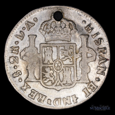 2 Reales 1780 D.A. Carlos III Acuñada en Santiago, Perforada. Chile #YY