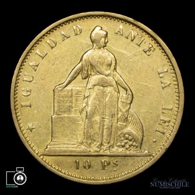 Chile, 10 Pesos 1854, Primera fecha de la serie, Oro. #DD