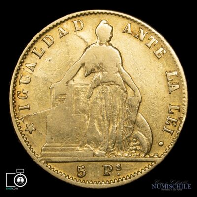 Chile, 5 Pesos 1859/8, muy escaso Oro. #DD
