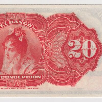 Chile, 20 Pesos Remanentes del Banco Concepción con talón, 1883. #NCH