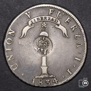 Chile, 1 Peso 1834 IJ, Resello Filipinas Y.II #NQ (IVA incluido)