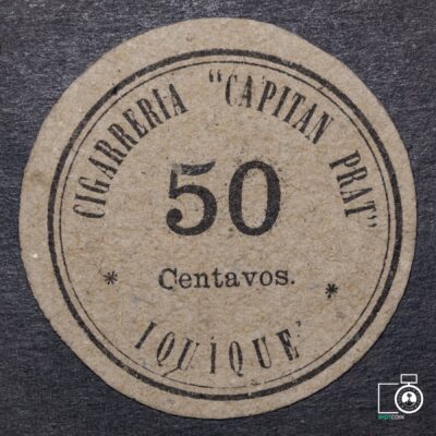 Chile, Ficha 50 Centavos, Cigarrería “Capitán Prat”, Iquique (YY) (IVA Incluido)