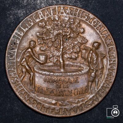 Chile, Medalla A José Toribio Medina en sus Cincuenta Años de Publicista, 1923. Homenaje de la Universidad de Chile. Cobre (NQ) (IVA Incluido)