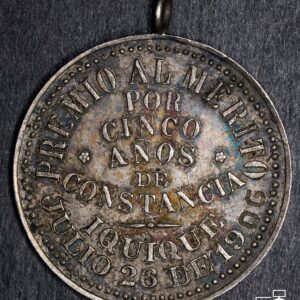 Chile, Medalla Gran Union Marítima de Iquique, Premio por 5 años de Constancia. 1906, Plata (NQ) (IVA Incluido)