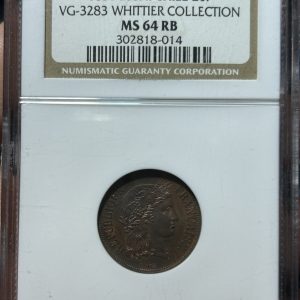Chile, Prueba 20 Centavos 1851, cobre. NGC MS 64 RB, Ex-Whittier (YYG14) (IVA Incluido)