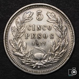Chile, 5 Pesos 1927, 0.9 y ceca inclinada (YYB7) (IVA Incluido)