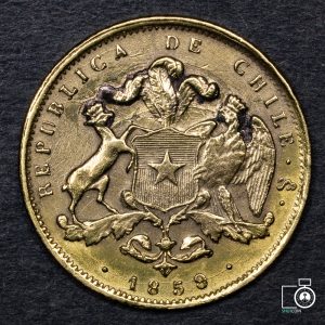 Chile, 2 Pesos 1859/8, Oro (YYE10) (IVA Incluido)