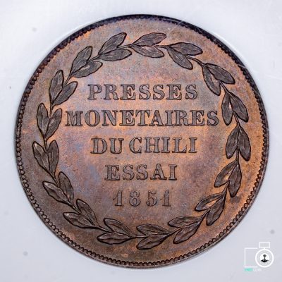 Chile, Prueba 20 Centavos 1851, cobre. NGC MS 64 RB, Ex-Whittier (YYG14) (IVA Incluido)