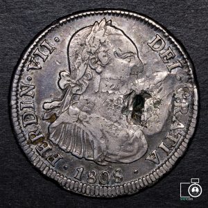 Chile, Santiago, 4 Reales 1808/7 FJ, Ferdin VII, falla de laminación (YYF19) (IVA Incluido)