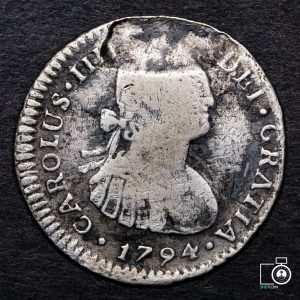 Chile, Santiago, 1 Real 1794 DA, falla de laminación (YYE19) (IVA Incluido)