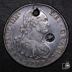 Chile, Santiago, 8 Reales 1799 DA, con resello de Madura (Indonesia) (YYE18) (IVA Incluido)