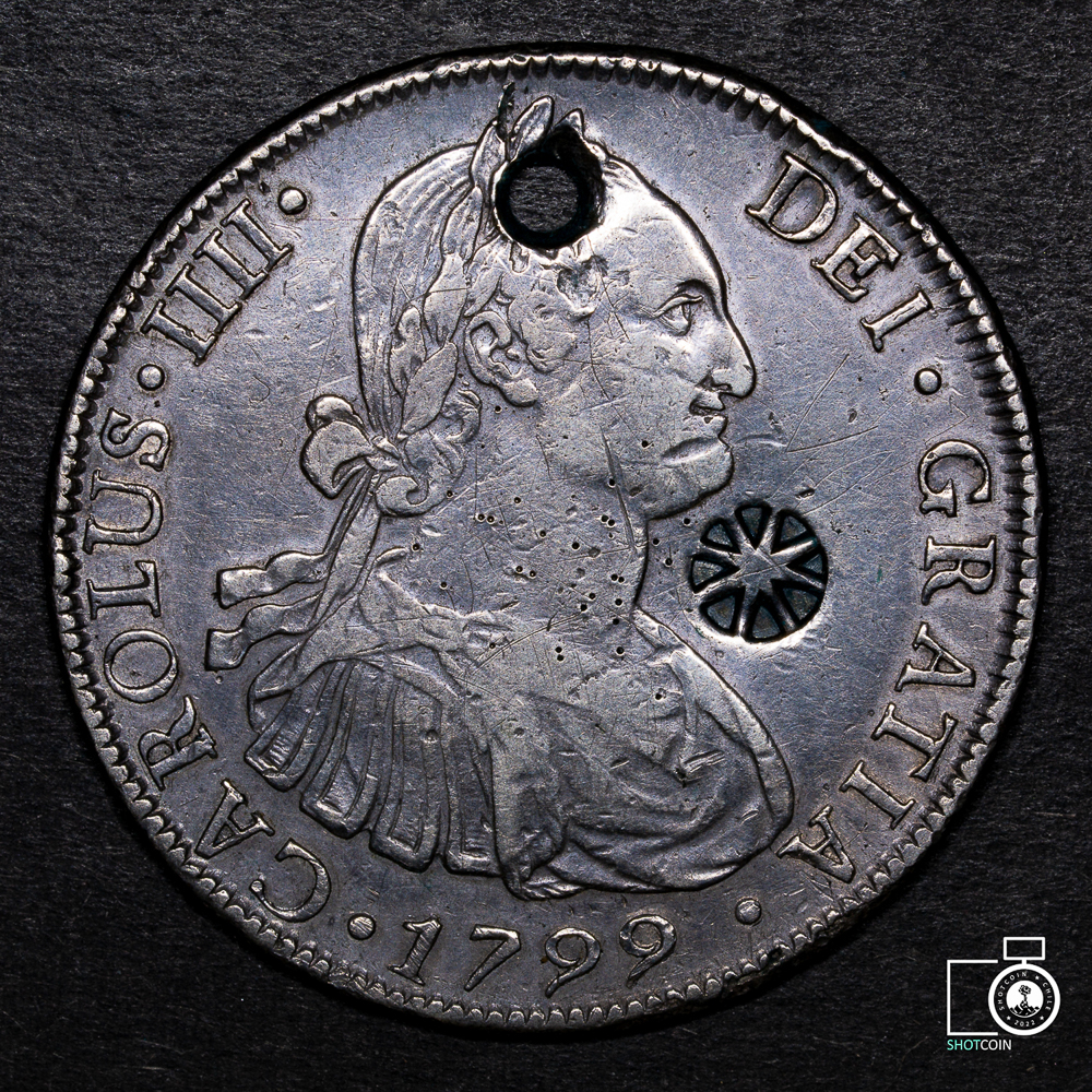 Chile, Santiago, 8 Reales 1799 DA, con resello de Madura (Indonesia) (YYE18) (IVA Incluido)