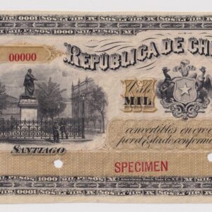 República de Chile, Specimen de 1000 Pesos 1ª Emisión 1880 - 1882, doble Orla #YY (IVA incluido)