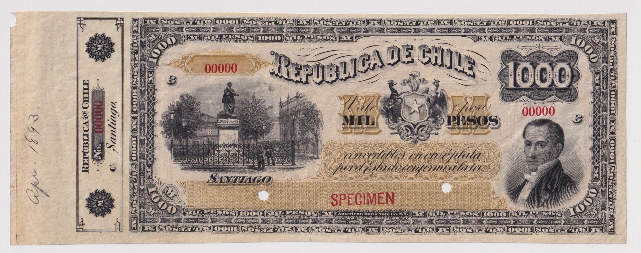 República de Chile, Specimen de 1000 Pesos 1ª Emisión 1880 - 1882, doble Orla #YY (IVA incluido)