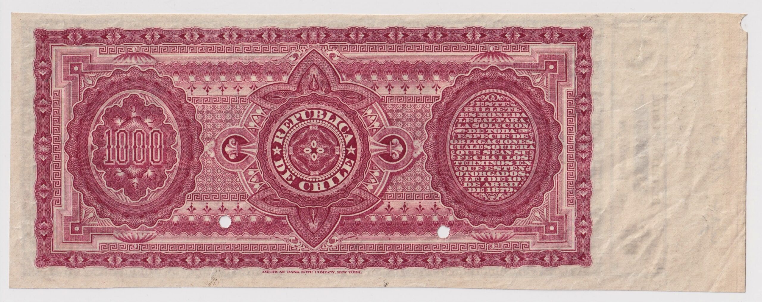 República de Chile, Specimen de 1000 Pesos 1ª Emisión 1880 - 1882, doble Orla #YY (IVA incluido) - Imagen 2
