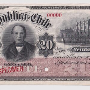 República de Chile, Specimen de 20 Pesos 3ª Emisión 1898 - 1920 #YY (IVA incluido)