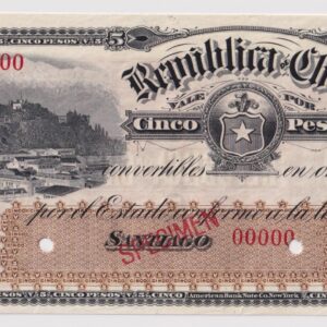 República de Chile, Specimen de 5 Pesos 3ª Emisión 1898 - 1920 #YY (IVA incluido)