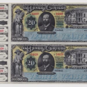 Chile, Banco de Curicó, $20, Pliego remanente con talón, 1888 #GH (IVA incluido)
