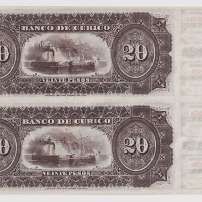 Chile, Banco de Curicó, $20, Pliego remanente con talón, 1888 #GH (IVA incluido)