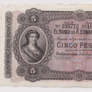 Chile, Banco de A. Edwards, 5 Pesos remanente del 3 de Enero de 1877, Muy Escaso #NCH (IVA incluido)