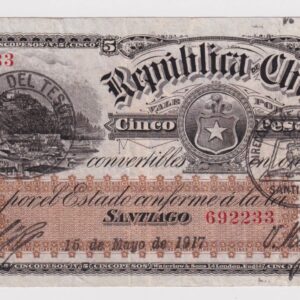 Chile, República de Chile, 5 pesos, 15 de Mayo de 1917, 3ª emisión Fiscal 1898 - 1920 (YY) (IVA Incluido)