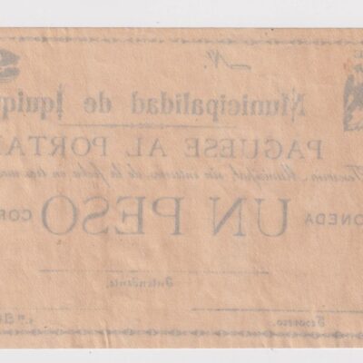 Chile, Municipalidad de Iquique, $1 unifaz, Revolución de 1891 contra Balmaceda (YY)  (IVA Incluido)